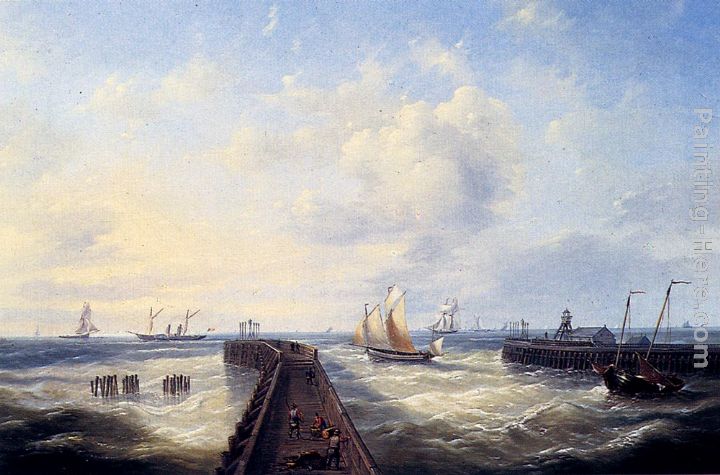 Fishing Boats Off A Jetty At Ostend painting - Louis Verboeckhoven Fishing Boats Off A Jetty At Ostend art painting